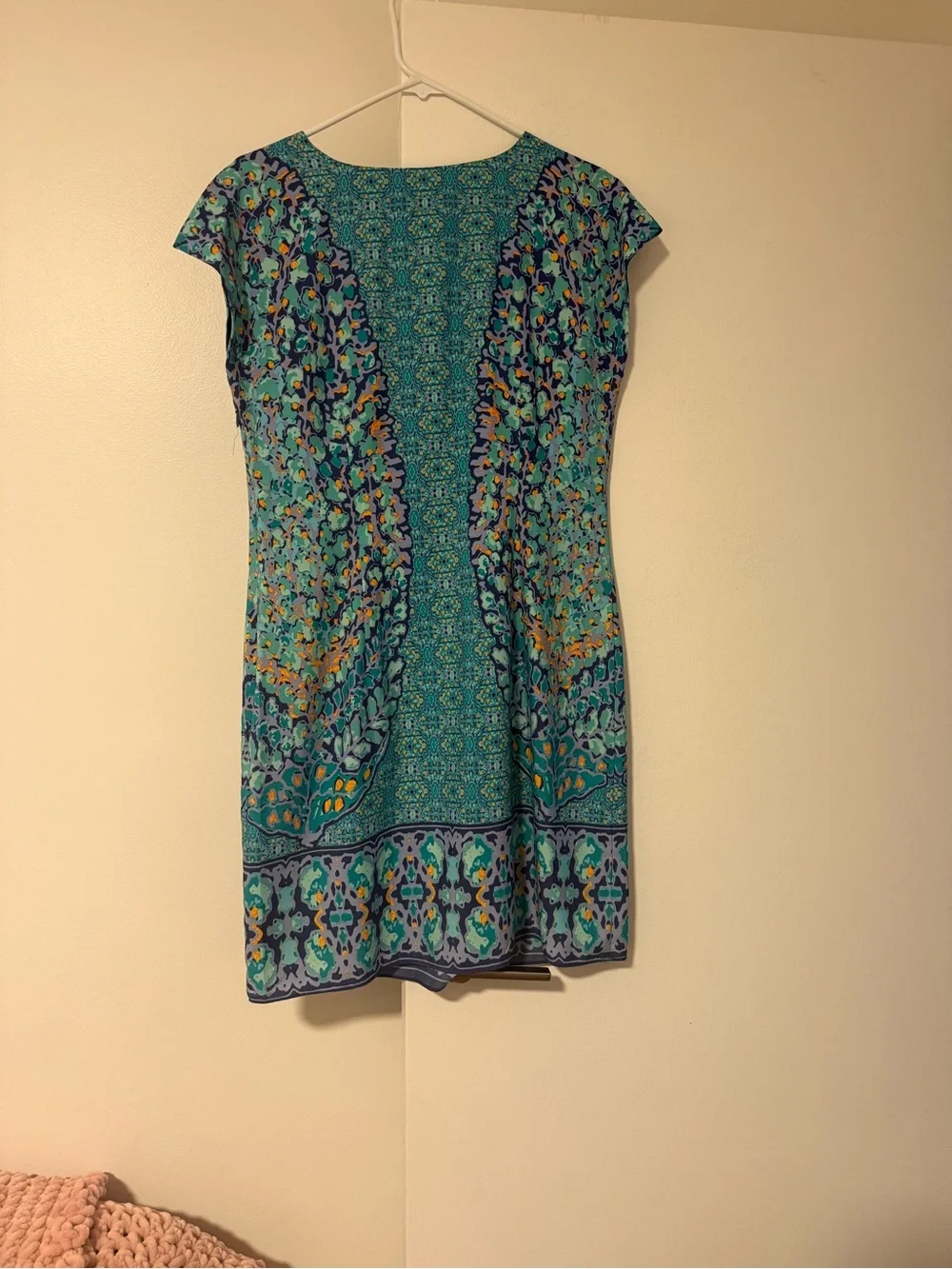 Isaac Mizrahi Teal Blue Printed V-Neck Mini Dress